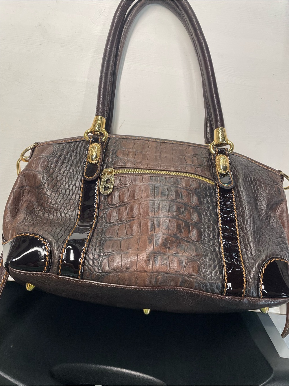 Marino Orlandi Brown Croc Embossed Leather Satchel Italy Patent Trim Bag